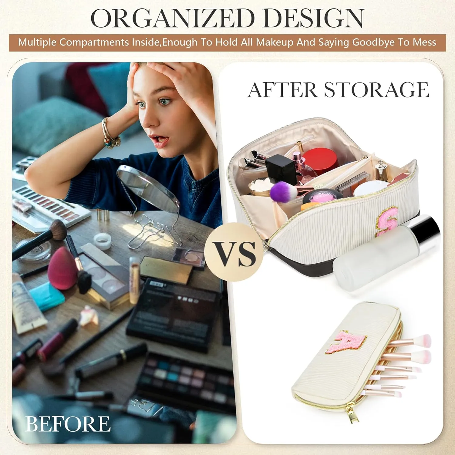 Valentine's Day Gifts for Women Girls,2Pack Large Personalized Initial Preppy Makeup Bag,Leather Waterproof Cosmetic Bag, Monogram Travel Make up bag Perfect forTeen Girls Mother's Day Birthday Gifts