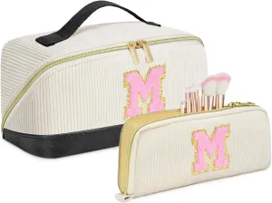 Valentine's Day Gifts for Women Girls,2Pack Large Personalized Initial Preppy Makeup Bag,Leather Waterproof Cosmetic Bag, Monogram Travel Make up bag Perfect forTeen Girls Mother's Day Birthday Gifts