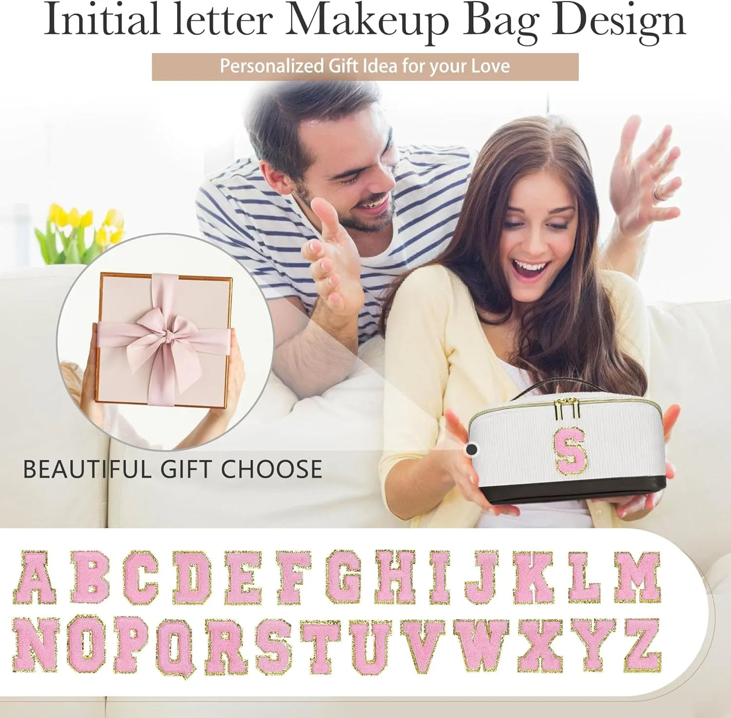 Valentine's Day Gifts for Women Girls,2Pack Large Personalized Initial Preppy Makeup Bag,Leather Waterproof Cosmetic Bag, Monogram Travel Make up bag Perfect forTeen Girls Mother's Day Birthday Gifts