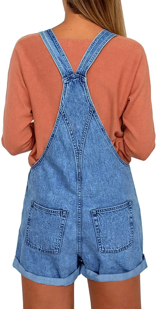 Vetinee Women's Classic Adjustable Straps Cuffed Hem Denim Bib Overalls Shorts