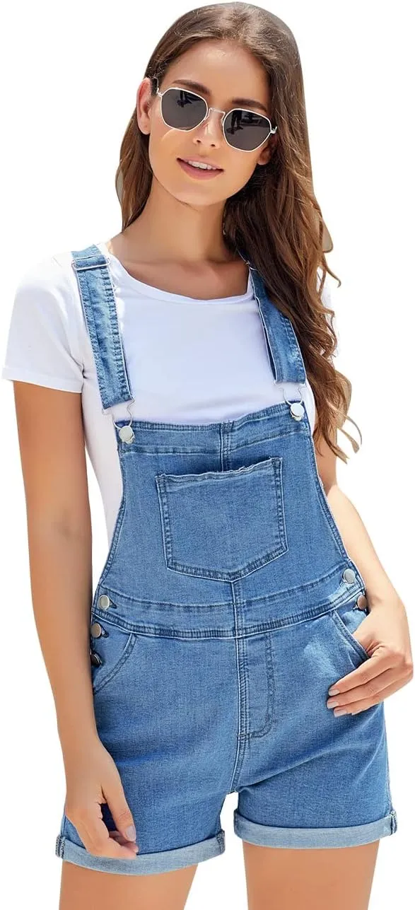 Vetinee Women's Classic Adjustable Straps Cuffed Hem Denim Bib Overalls Shorts