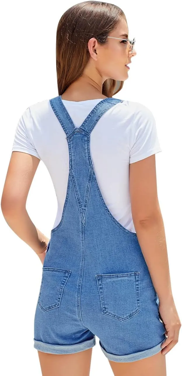 Vetinee Women's Classic Adjustable Straps Cuffed Hem Denim Bib Overalls Shorts