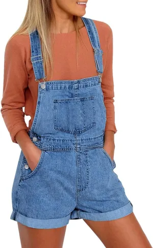 Vetinee Women's Classic Adjustable Straps Cuffed Hem Denim Bib Overalls Shorts