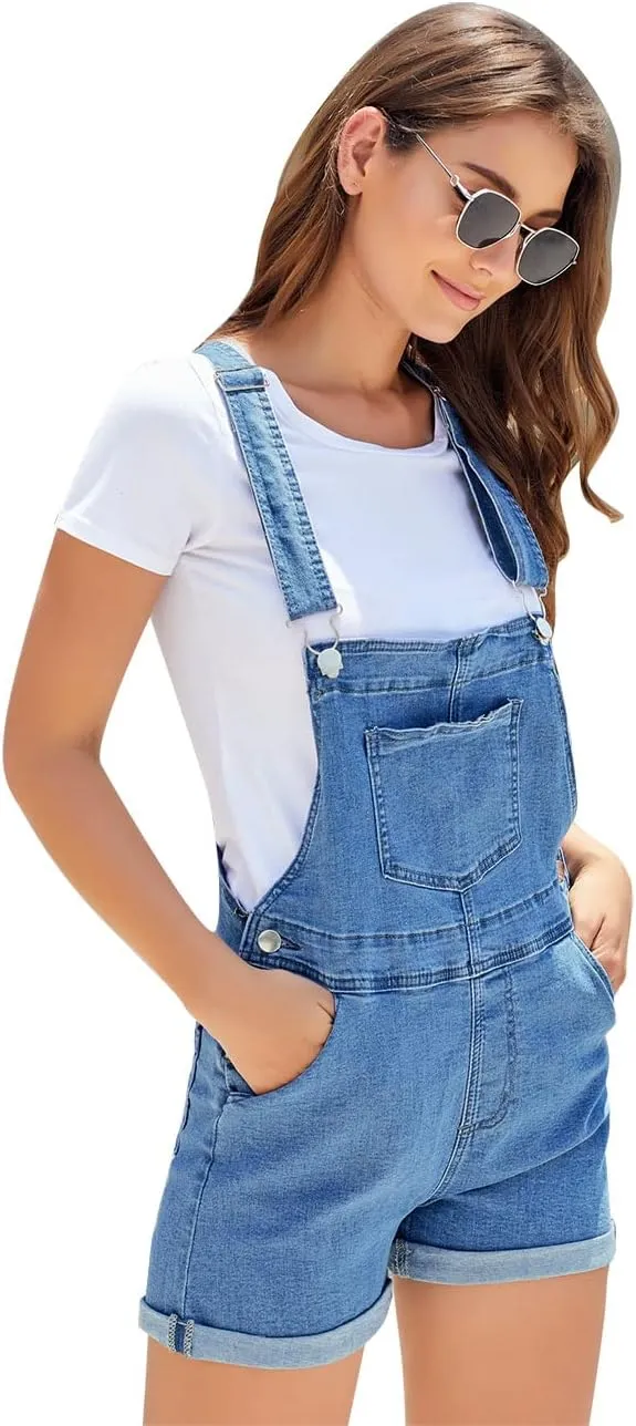 Vetinee Women's Classic Adjustable Straps Cuffed Hem Denim Bib Overalls Shorts
