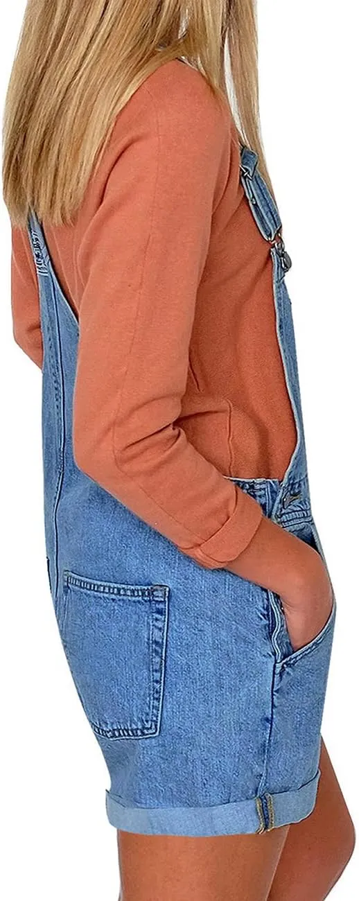 Vetinee Women's Classic Adjustable Straps Cuffed Hem Denim Bib Overalls Shorts