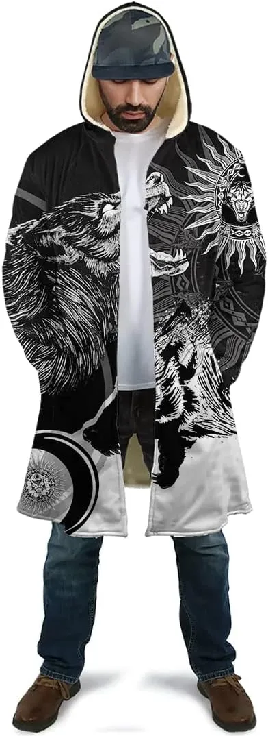 Viking Hooded Cloak for Men, Nordic Faux Cashmere Coat Winter Warm 3D Print Cosplay Jacket Bathrobe
