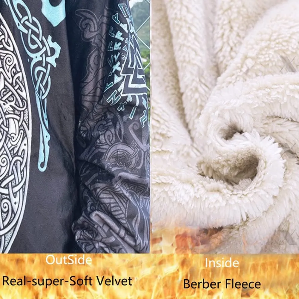 Viking Hooded Cloak for Men, Nordic Faux Cashmere Coat Winter Warm 3D Print Cosplay Jacket Bathrobe