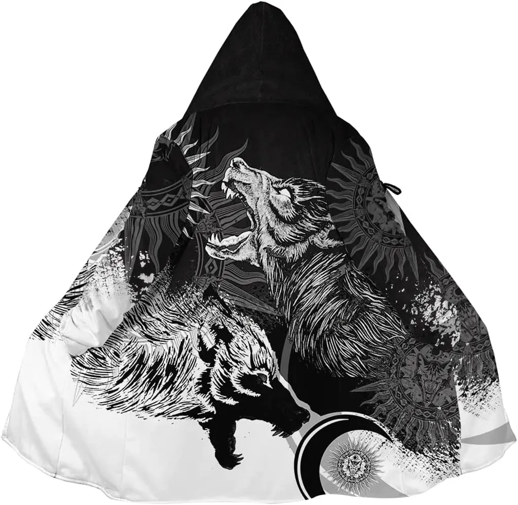 Viking Hooded Cloak for Men, Nordic Faux Cashmere Coat Winter Warm 3D Print Cosplay Jacket Bathrobe