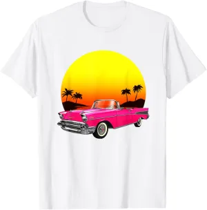 Vintage Classic Novelty Racing Sports Pink Car Sunset T-Shirt