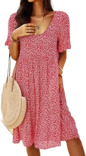 Vintage Ditsy Floral Dress for Women Scoop Neck Short Sleeve Tshirt Dresses Summer Boho Swing Hem Tunic Dress