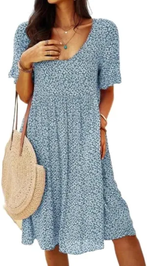 Vintage Ditsy Floral Dress for Women Scoop Neck Short Sleeve Tshirt Dresses Summer Boho Swing Hem Tunic Dress