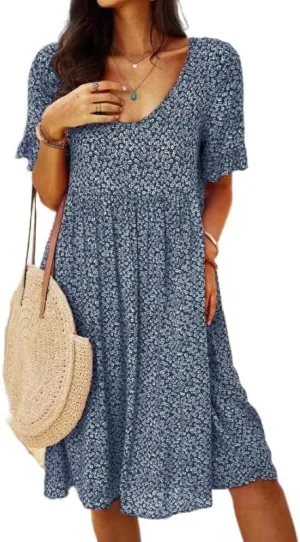 Vintage Ditsy Floral Dress for Women Scoop Neck Short Sleeve Tshirt Dresses Summer Boho Swing Hem Tunic Dress