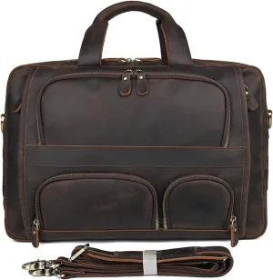 Vintage Leather Multi Pocket 17" Laptop Handbag Expandable Travel Briefcase Shoulder Messenger Bag