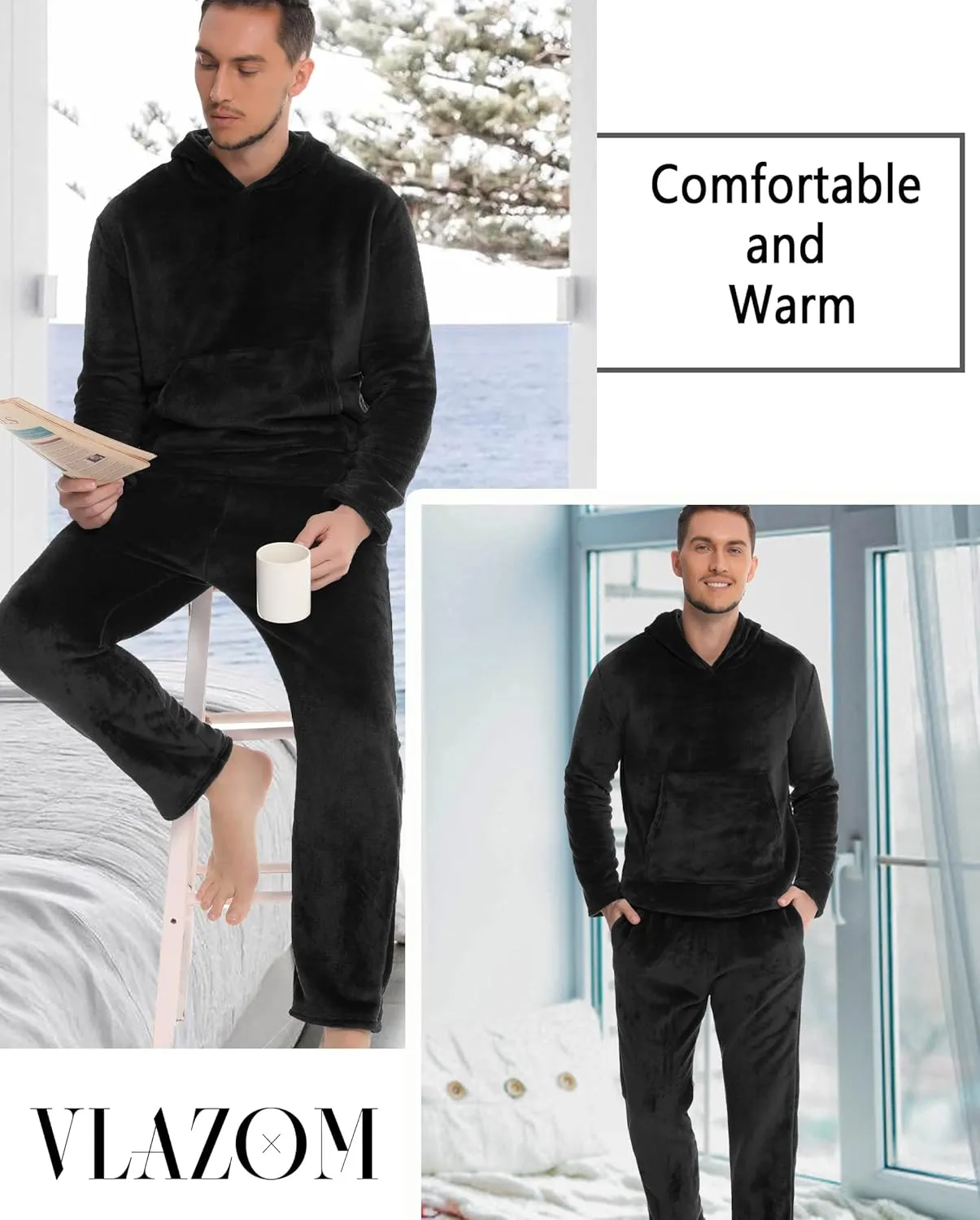 Vlazom Mens Pyjamas Set, Warm & Soft Fleece Pj's Sets for Men with Fluffy Hoodie Loungewear with Pockets