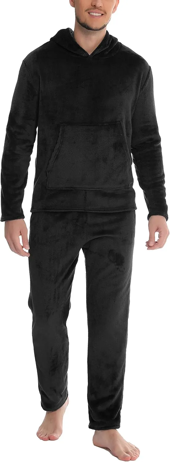 Vlazom Mens Pyjamas Set, Warm & Soft Fleece Pj's Sets for Men with Fluffy Hoodie Loungewear with Pockets