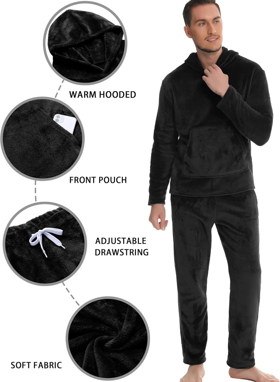 Vlazom Mens Pyjamas Set, Warm & Soft Fleece Pj's Sets for Men with Fluffy Hoodie Loungewear with Pockets