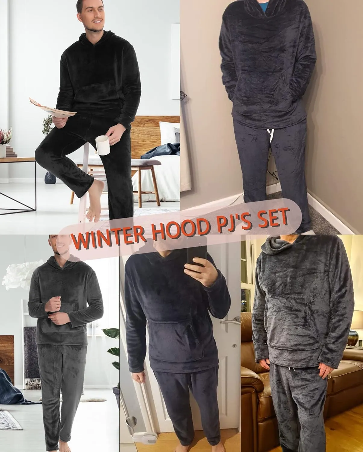 Vlazom Mens Pyjamas Set, Warm & Soft Fleece Pj's Sets for Men with Fluffy Hoodie Loungewear with Pockets