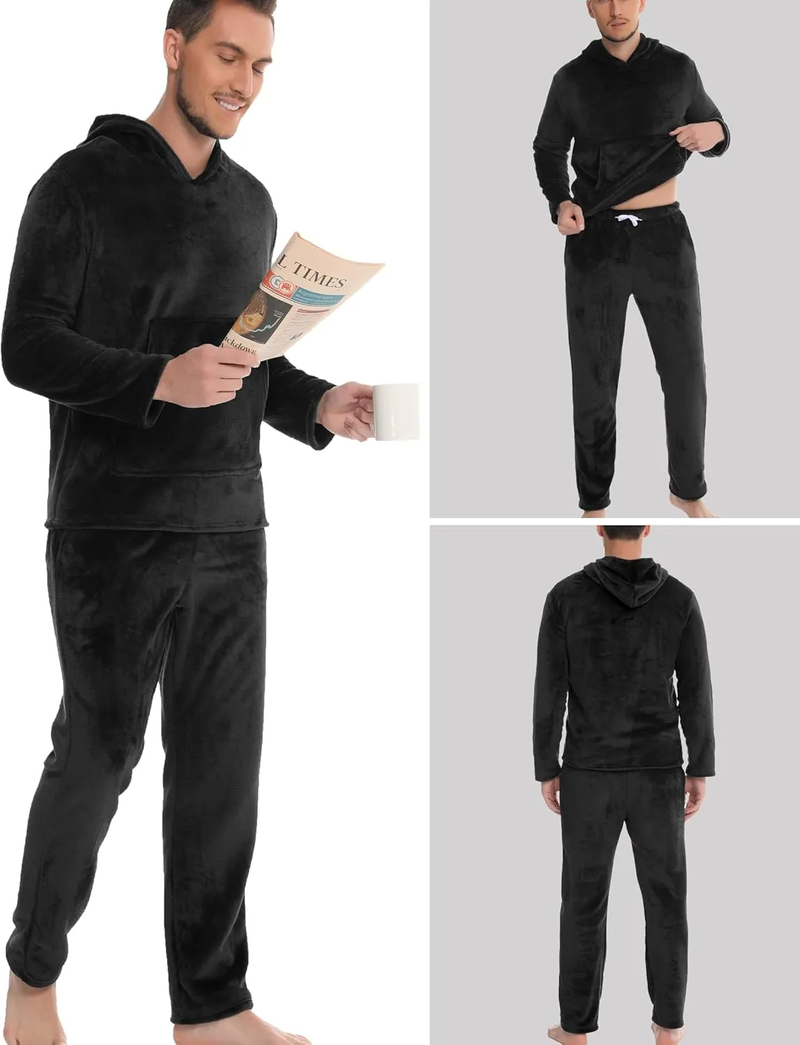 Vlazom Mens Pyjamas Set, Warm & Soft Fleece Pj's Sets for Men with Fluffy Hoodie Loungewear with Pockets
