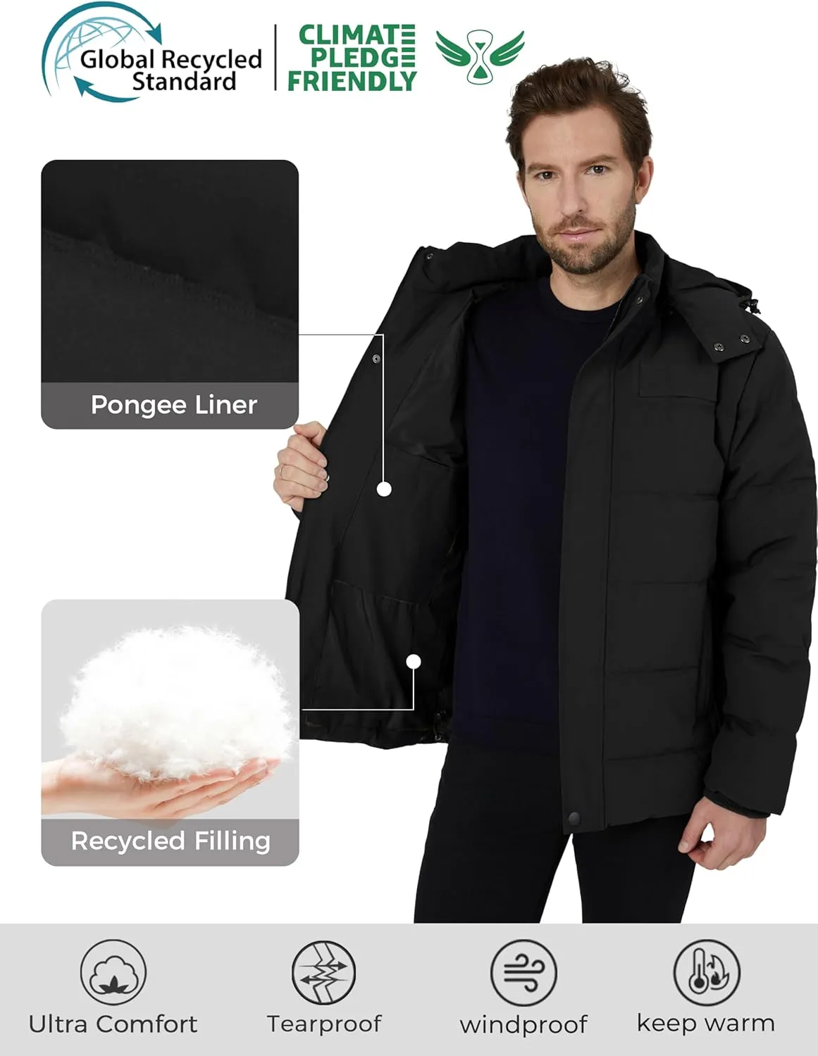 Wantdo Men's Hooded Winter Coat Warm Puffer Jacket Thicken Cotton Coat with Removable Hood