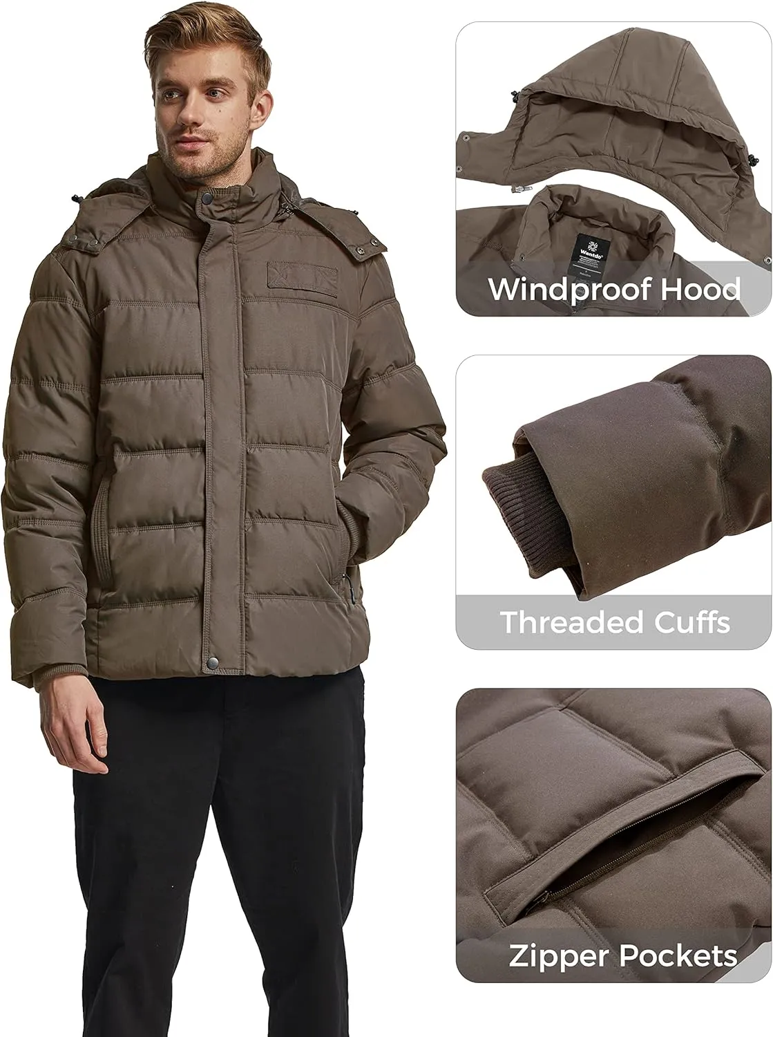 Wantdo Men's Hooded Winter Coat Warm Puffer Jacket Thicken Cotton Coat with Removable Hood