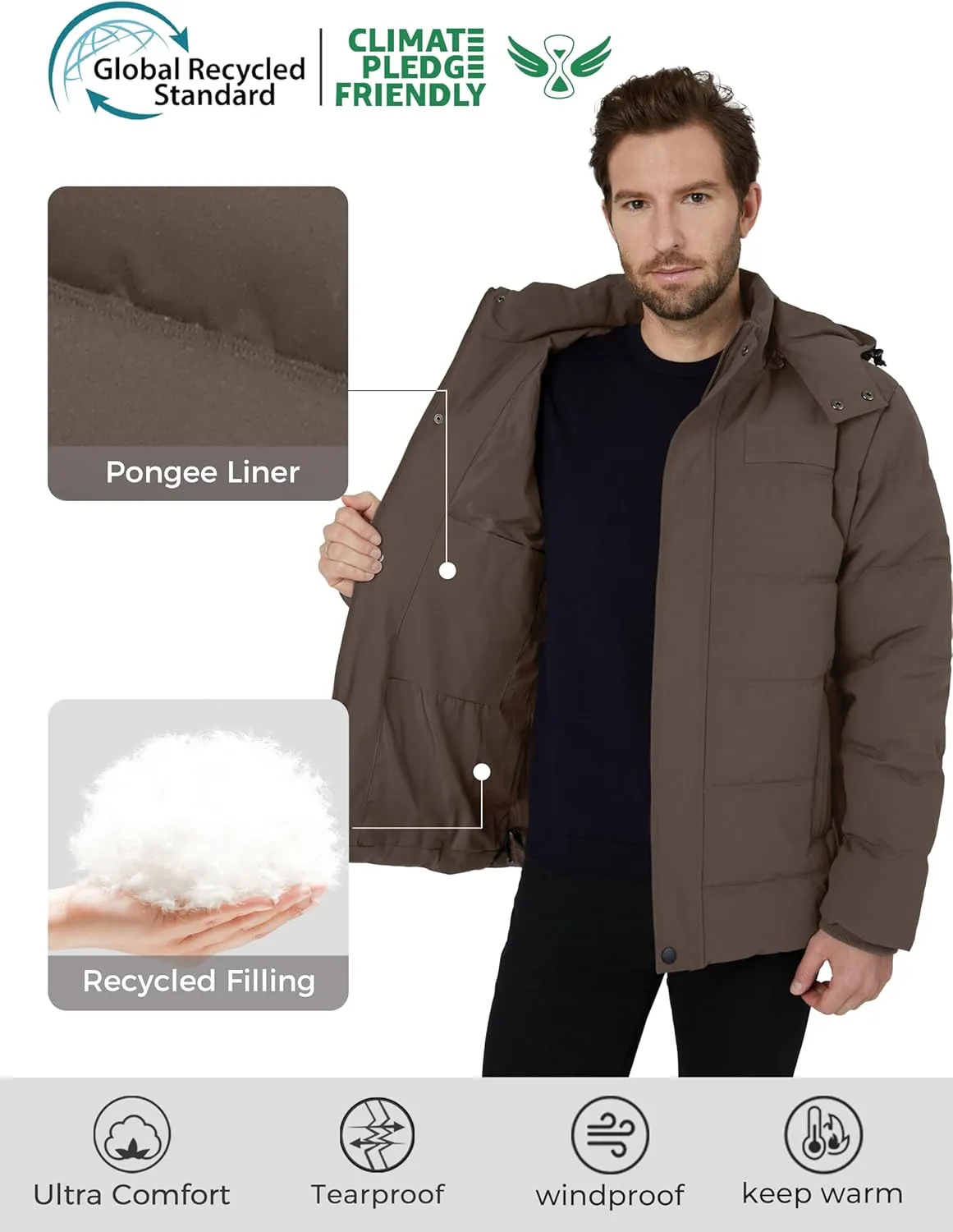 Wantdo Men's Hooded Winter Coat Warm Puffer Jacket Thicken Cotton Coat with Removable Hood