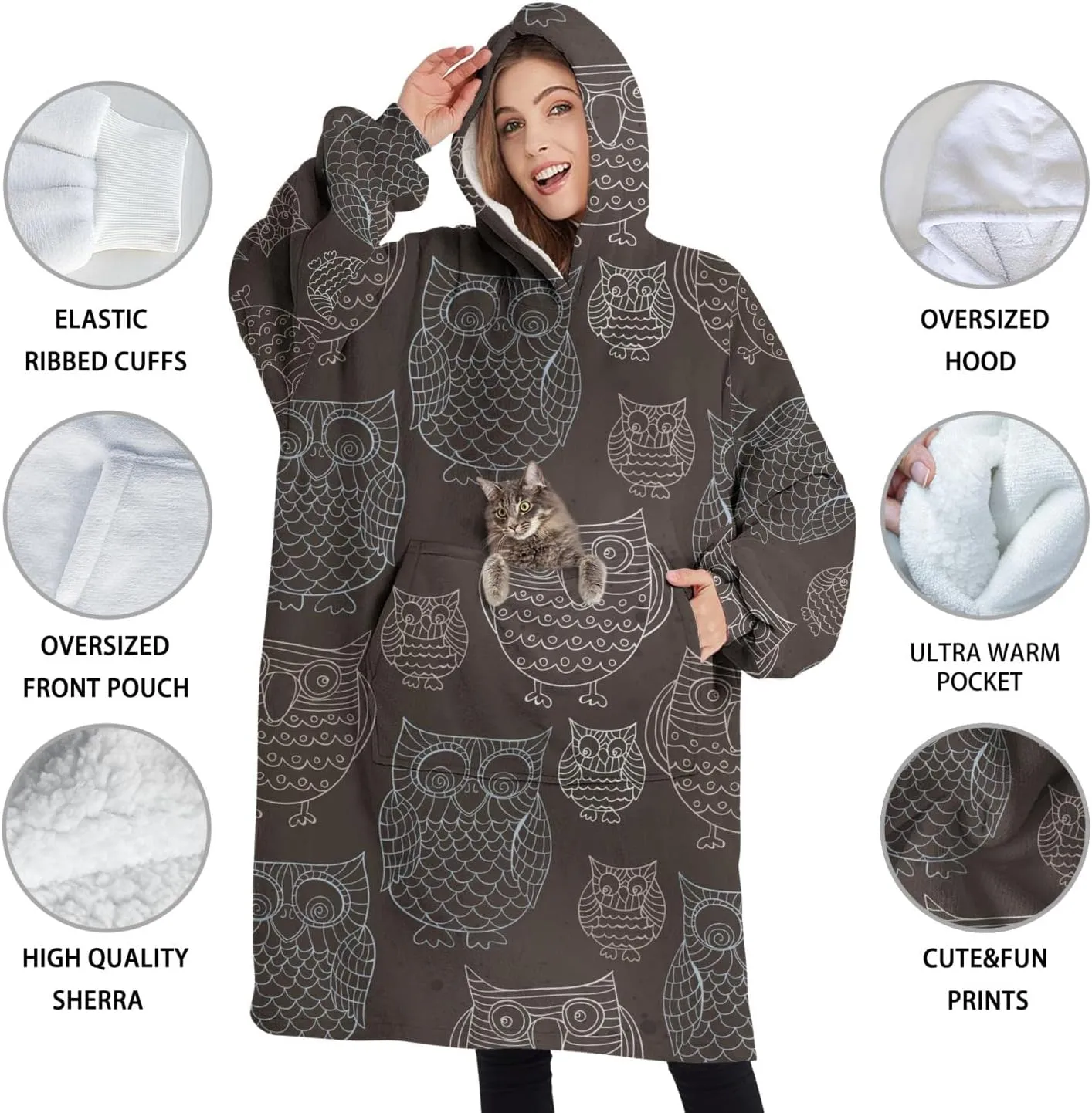 Wearable Oversized Blanket,Sherpa Blanket Hoodie with Super Pockets,Super Warm Fuzzy Pullover for Women & Men