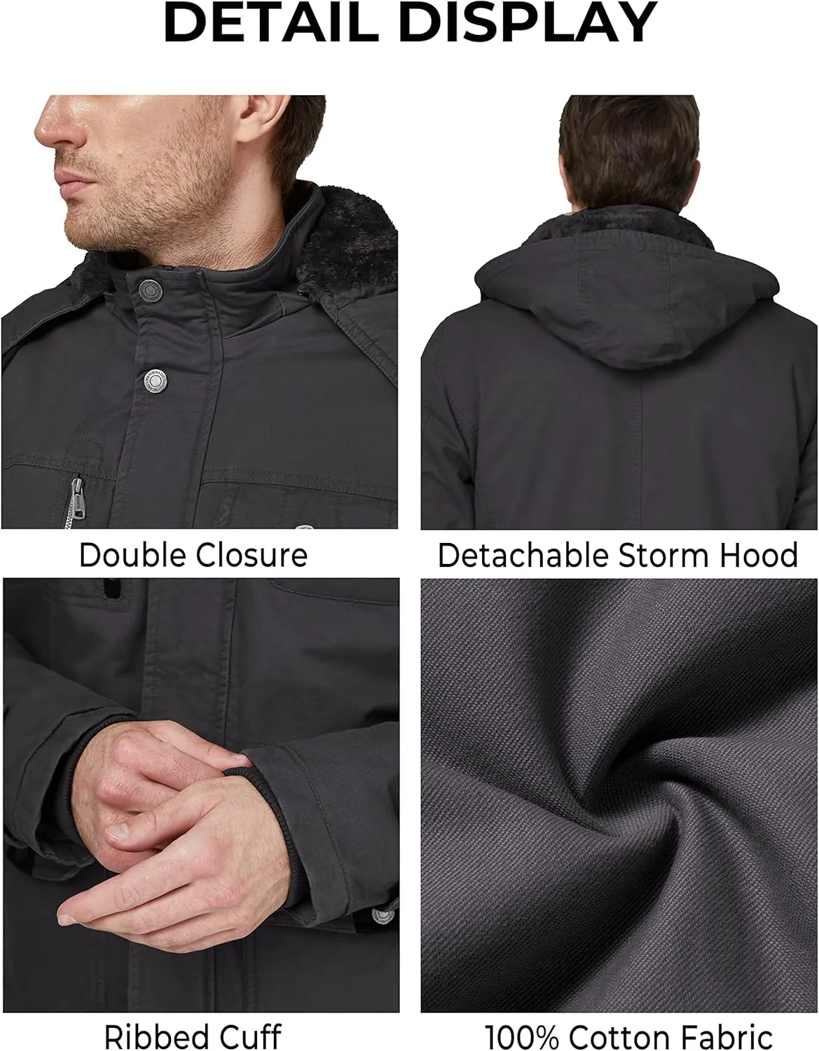 WenVen Men's Winter Thicken Cotton Parka Jacket Warm Coat with Removable Hood