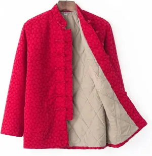 Winter Jacquard Tai Chi Uniform Men Cotton Padded Tang Suit Jacket Warm Coat Thicken Long Sleeve for Seniors red1-XL