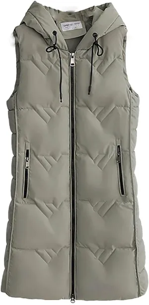 Winter Long Cotton Vest Women Warm Padded Waistcoat Ladies Zipper Hooded Vest Chic Sleeveless Coat