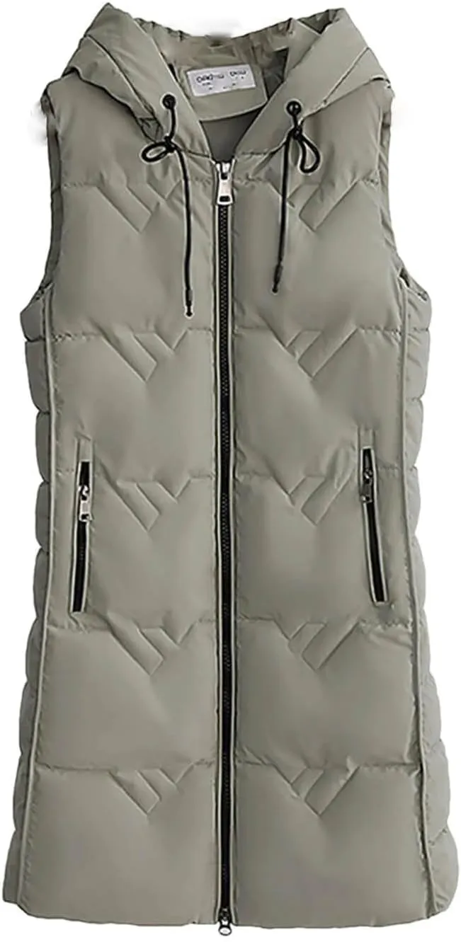 Winter Long Cotton Vest Women Warm Padded Waistcoat Ladies Zipper Hooded Vest Chic Sleeveless Coat