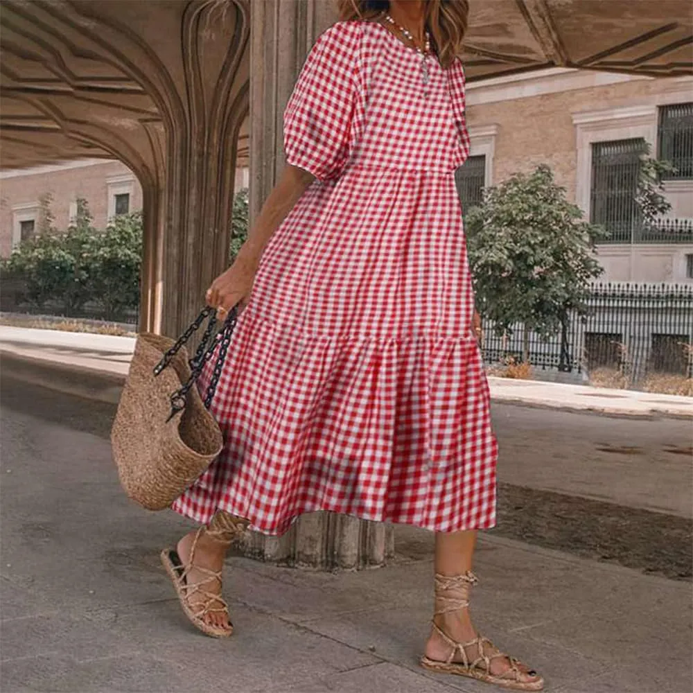 Women Casual Print Boho Maxi Dress Crewneck Short Puff Sleeve Trendy Tiered Pleated Plus Size Flowy Baggy Dresses