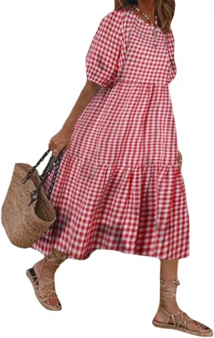 Women Casual Print Boho Maxi Dress Crewneck Short Puff Sleeve Trendy Tiered Pleated Plus Size Flowy Baggy Dresses