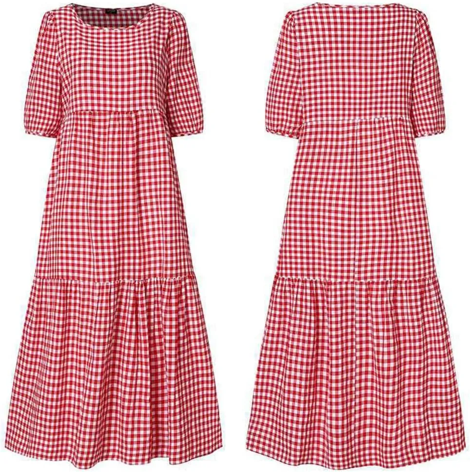 Women Casual Print Boho Maxi Dress Crewneck Short Puff Sleeve Trendy Tiered Pleated Plus Size Flowy Baggy Dresses