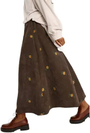 Women Corduroy Floral Boho Midi Skirt Elastic High Waisted A-Line Pleated Vintage Long Skirt