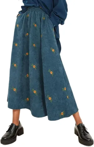 Women Corduroy Floral Boho Midi Skirt Elastic High Waisted A-Line Pleated Vintage Long Skirt