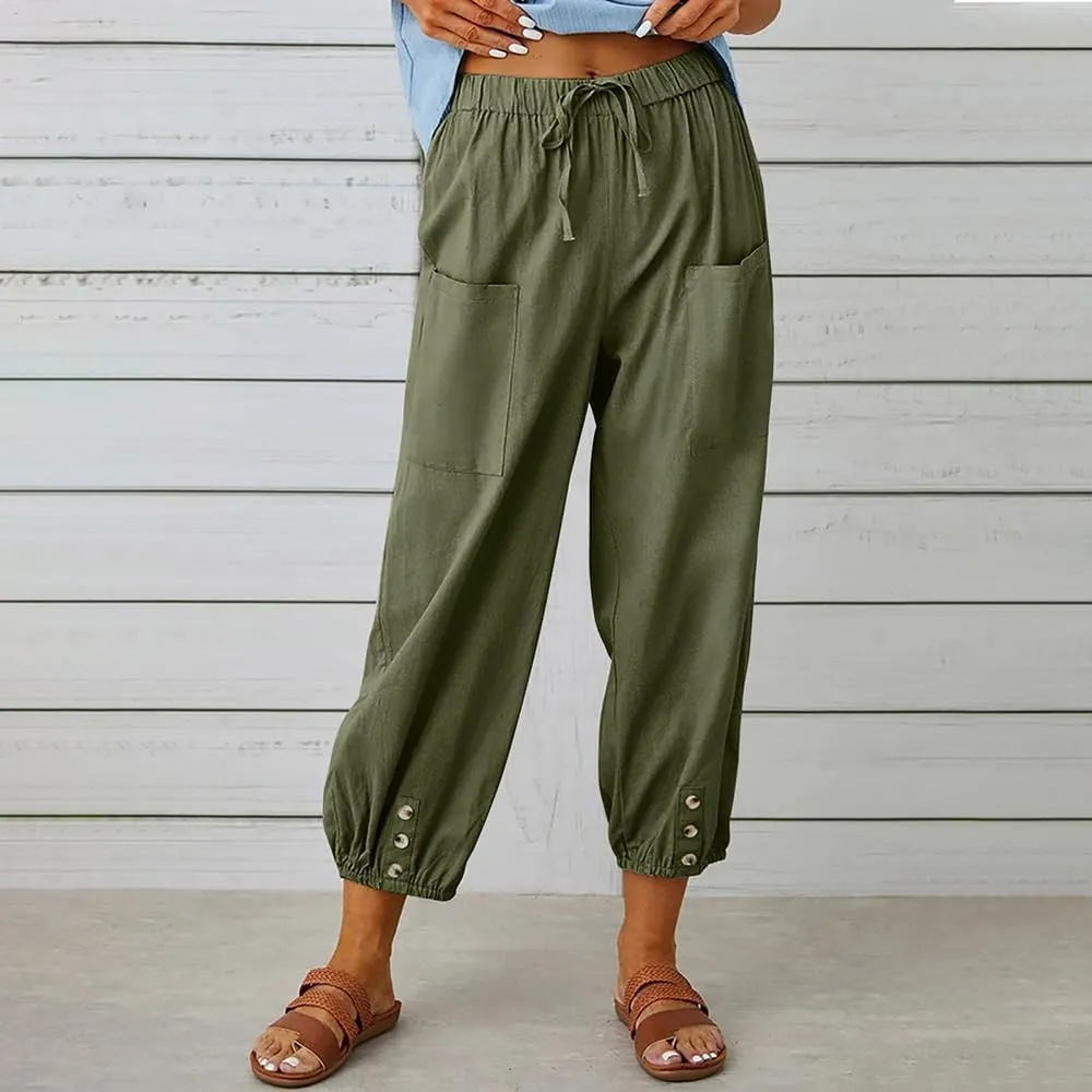 Women Cotton Linen Pants Casual Drawstring High Waisted Loose Plus Size Cropped Pants with Pockets