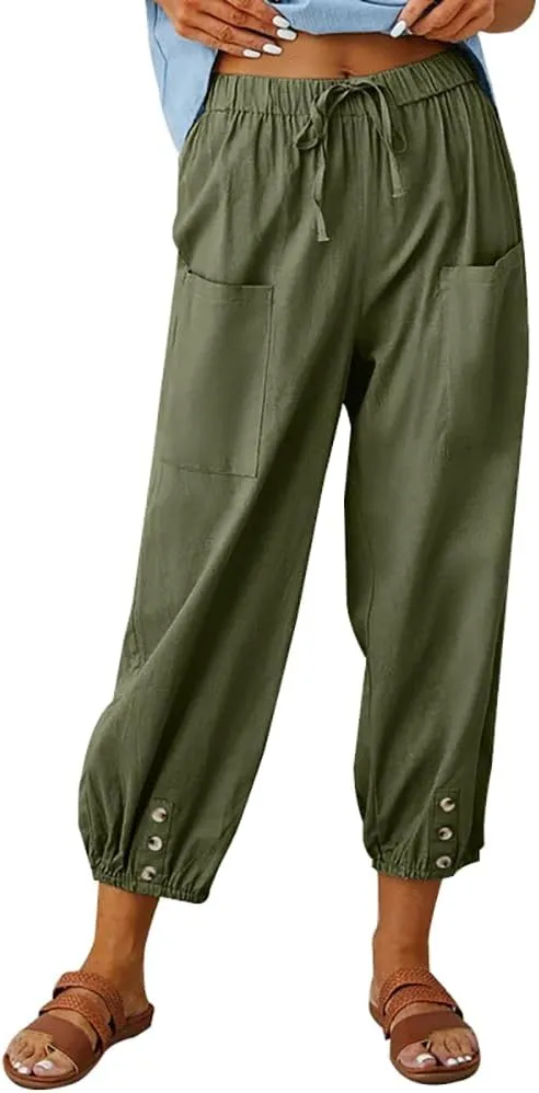 Women Cotton Linen Pants Casual Drawstring High Waisted Loose Plus Size Cropped Pants with Pockets