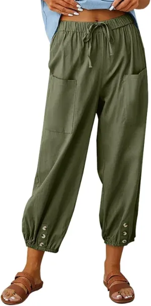 Women Cotton Linen Pants Casual Drawstring High Waisted Loose Plus Size Cropped Pants with Pockets