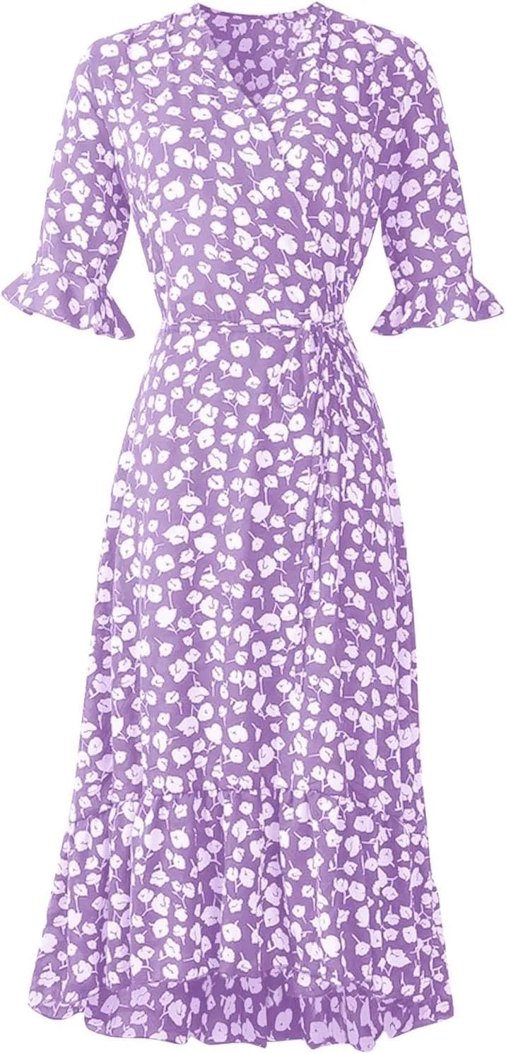 Women Dresses Summer 2024 Floral Side Slit Ruffle Hem Flowy A-Line Dress Casual Ruffle Short Sleeve V Neck Sundress