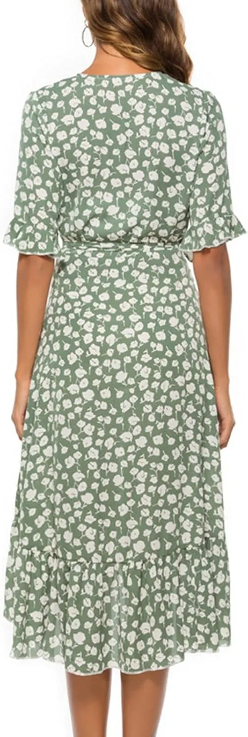 Women Dresses Summer 2024 Floral Side Slit Ruffle Hem Flowy A-Line Dress Casual Ruffle Short Sleeve V Neck Sundress