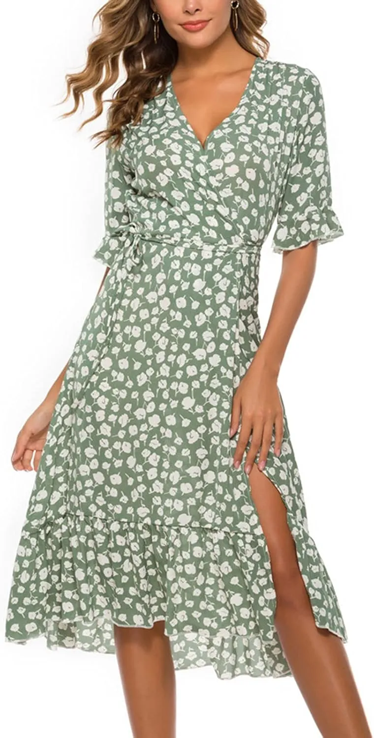 Women Dresses Summer 2024 Floral Side Slit Ruffle Hem Flowy A-Line Dress Casual Ruffle Short Sleeve V Neck Sundress