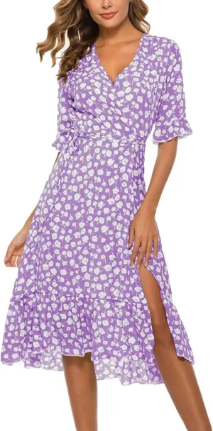 Women Dresses Summer 2024 Floral Side Slit Ruffle Hem Flowy A-Line Dress Casual Ruffle Short Sleeve V Neck Sundress