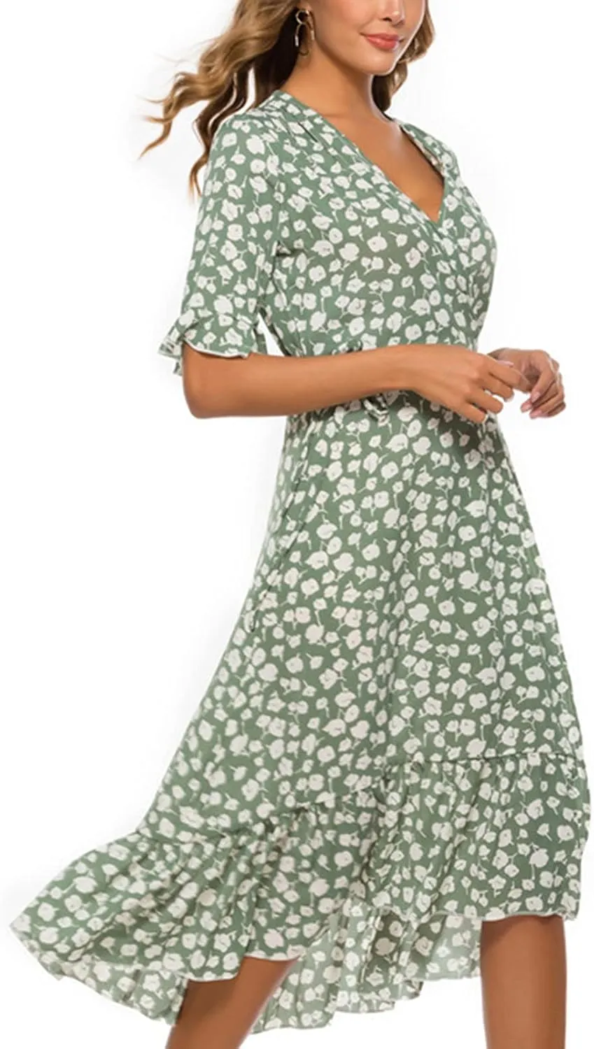 Women Dresses Summer 2024 Floral Side Slit Ruffle Hem Flowy A-Line Dress Casual Ruffle Short Sleeve V Neck Sundress