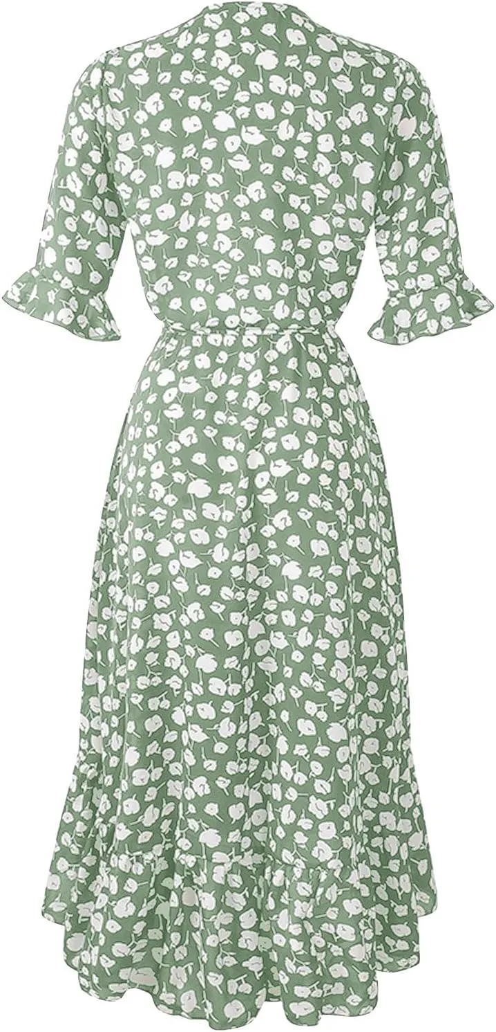Women Dresses Summer 2024 Floral Side Slit Ruffle Hem Flowy A-Line Dress Casual Ruffle Short Sleeve V Neck Sundress