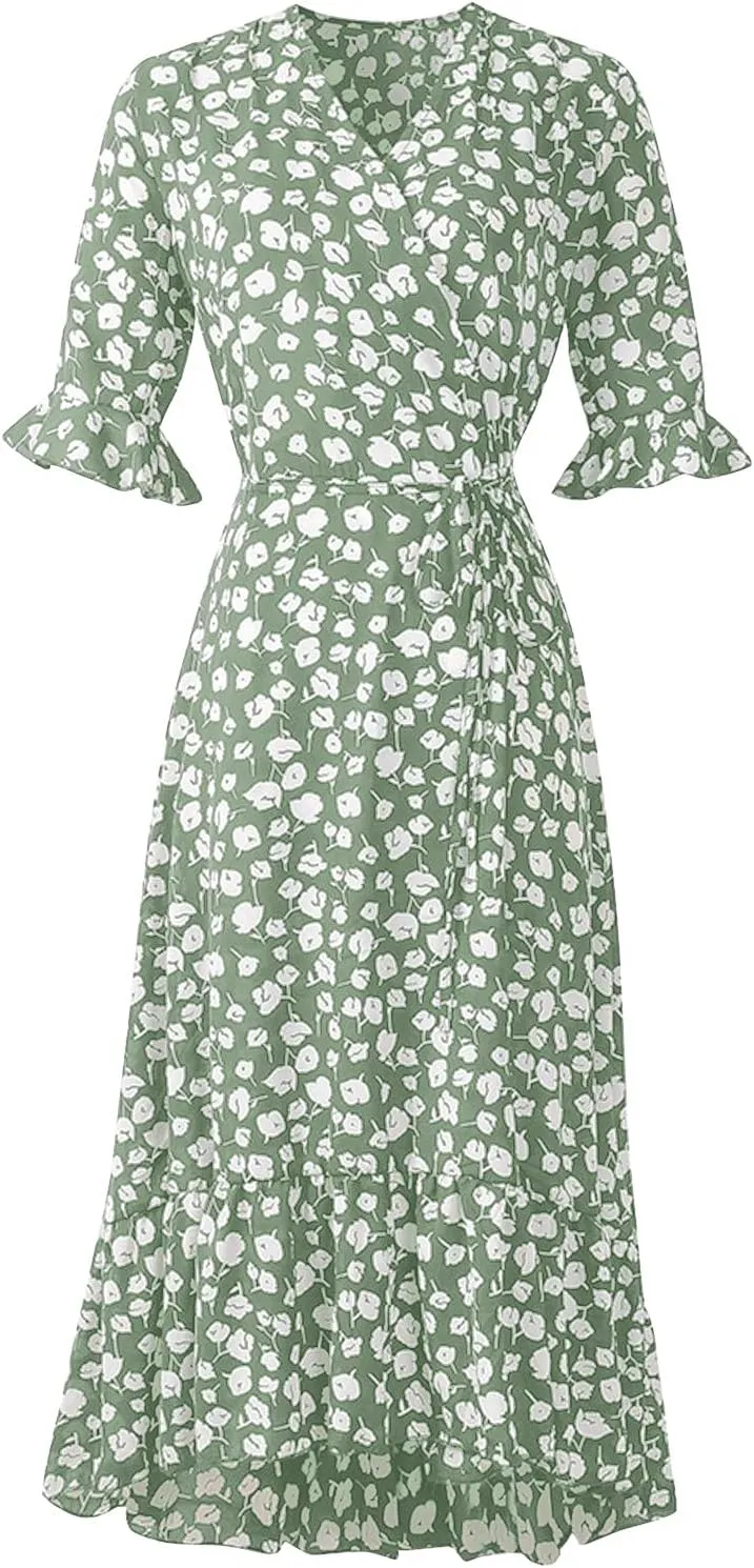 Women Dresses Summer 2024 Floral Side Slit Ruffle Hem Flowy A-Line Dress Casual Ruffle Short Sleeve V Neck Sundress
