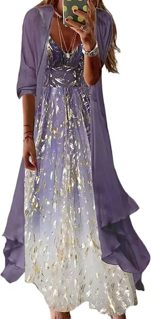 Women Floral Print Maxi Dresses Casual V Neck Flowy Dress with Cardigan Set Dressy Dress Summer Two Piece Sets