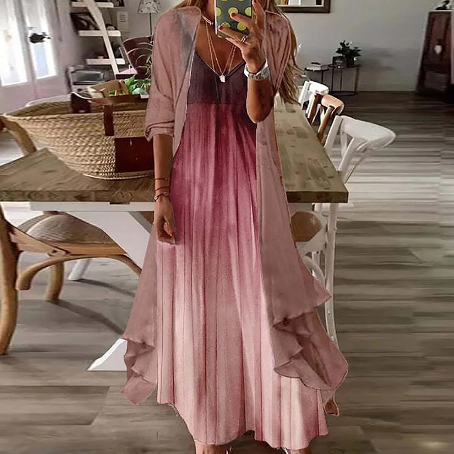 Women Floral Print Maxi Dresses Casual V Neck Flowy Dress with Cardigan Set Dressy Dress Summer Two Piece Sets