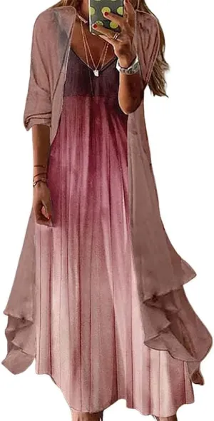 Women Floral Print Maxi Dresses Casual V Neck Flowy Dress with Cardigan Set Dressy Dress Summer Two Piece Sets