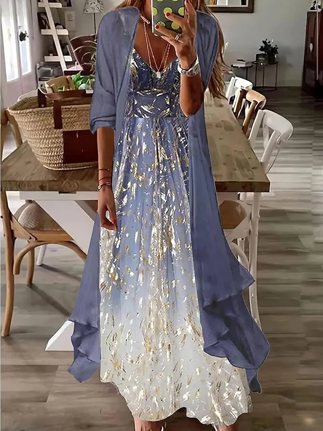 Women Floral Print Maxi Dresses Casual V Neck Flowy Dress with Cardigan Set Dressy Dress Summer Two Piece Sets