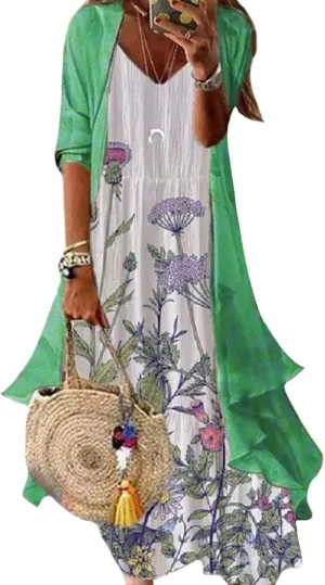 Women Floral Print Maxi Dresses Casual V Neck Flowy Dress with Cardigan Set Dressy Dress Summer Two Piece Sets